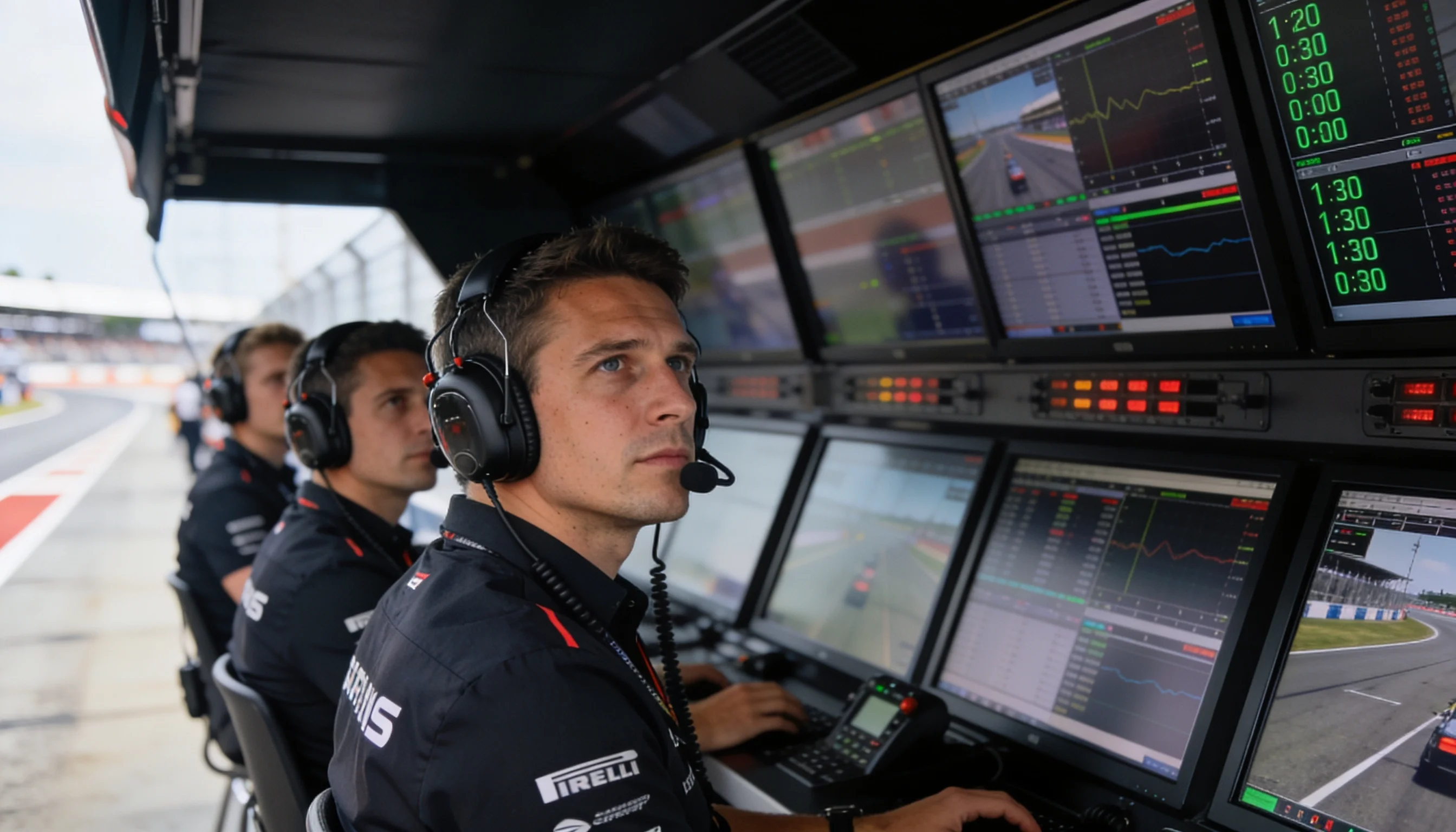 Muretto box di Formula 1 con ingegneri che monitorano la telemetria su schermi