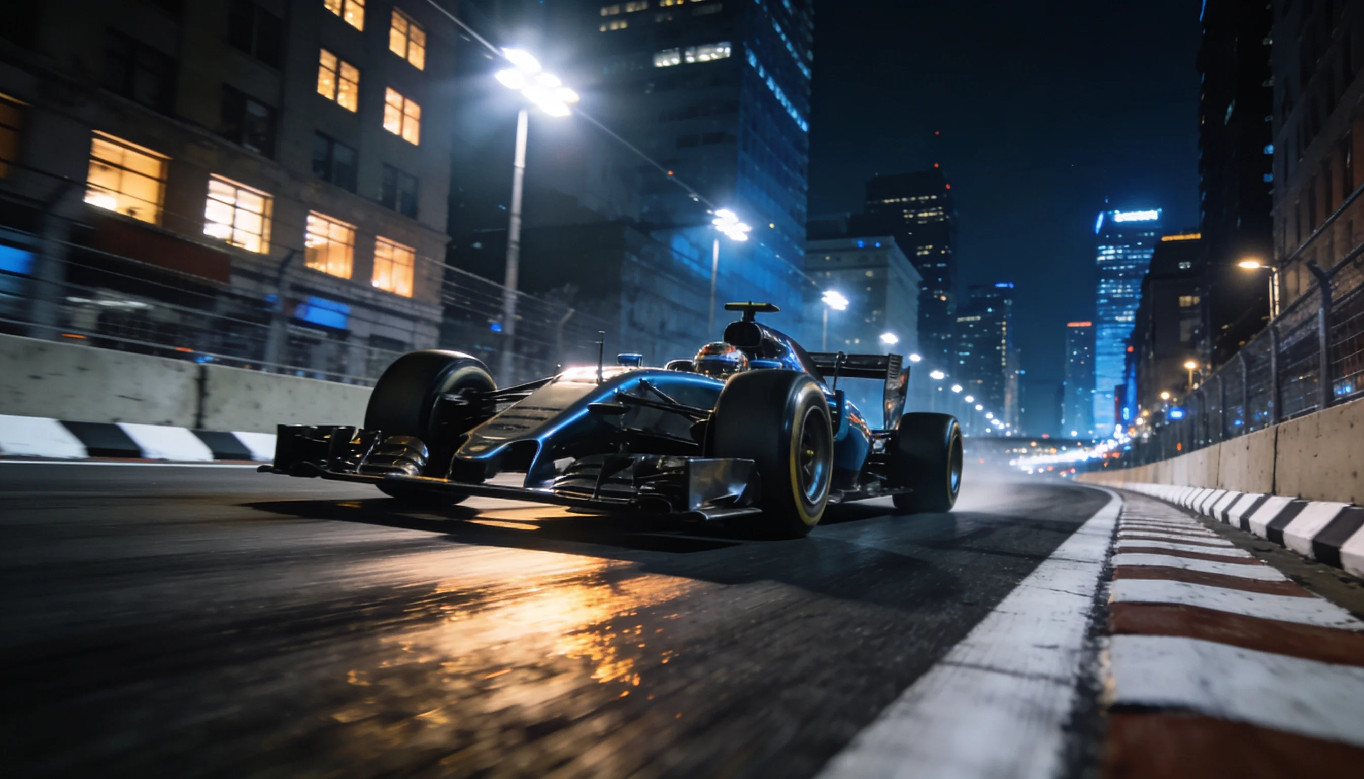 Monoposto di Formula 1 in gara notturna sul circuito cittadino di Marina Bay
