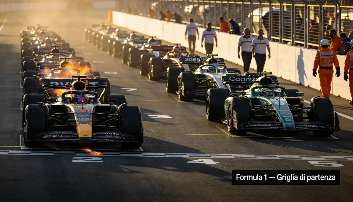 Griglia di partenza Formula 1 con monoposti allineate prima del via di un Gran Premio