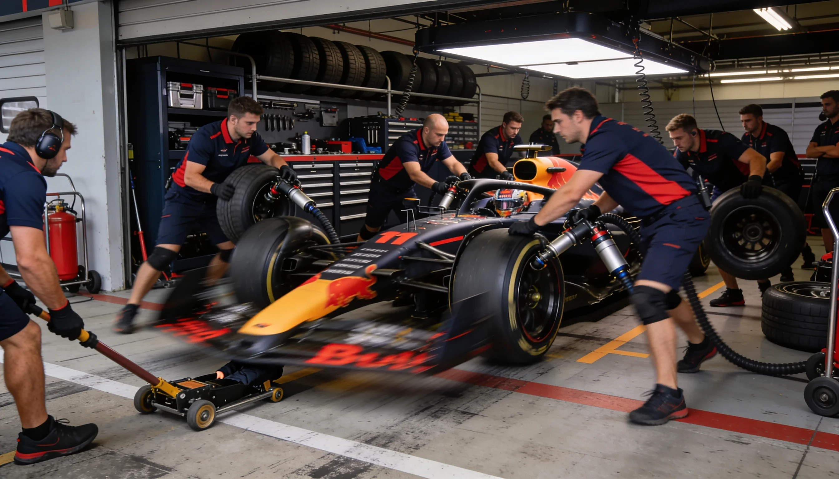 Squadra di meccanici di Formula 1 esegue un pit stop durante una gara: scenario tipico per le scommesse sul pit stop più veloce