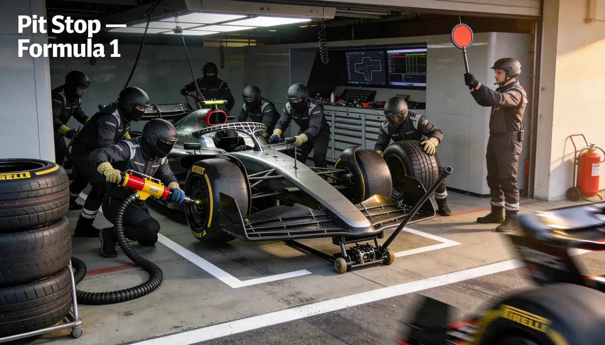 Pit stop di Formula 1 con squadra meccanici al cambio gomme durante un Gran Premio